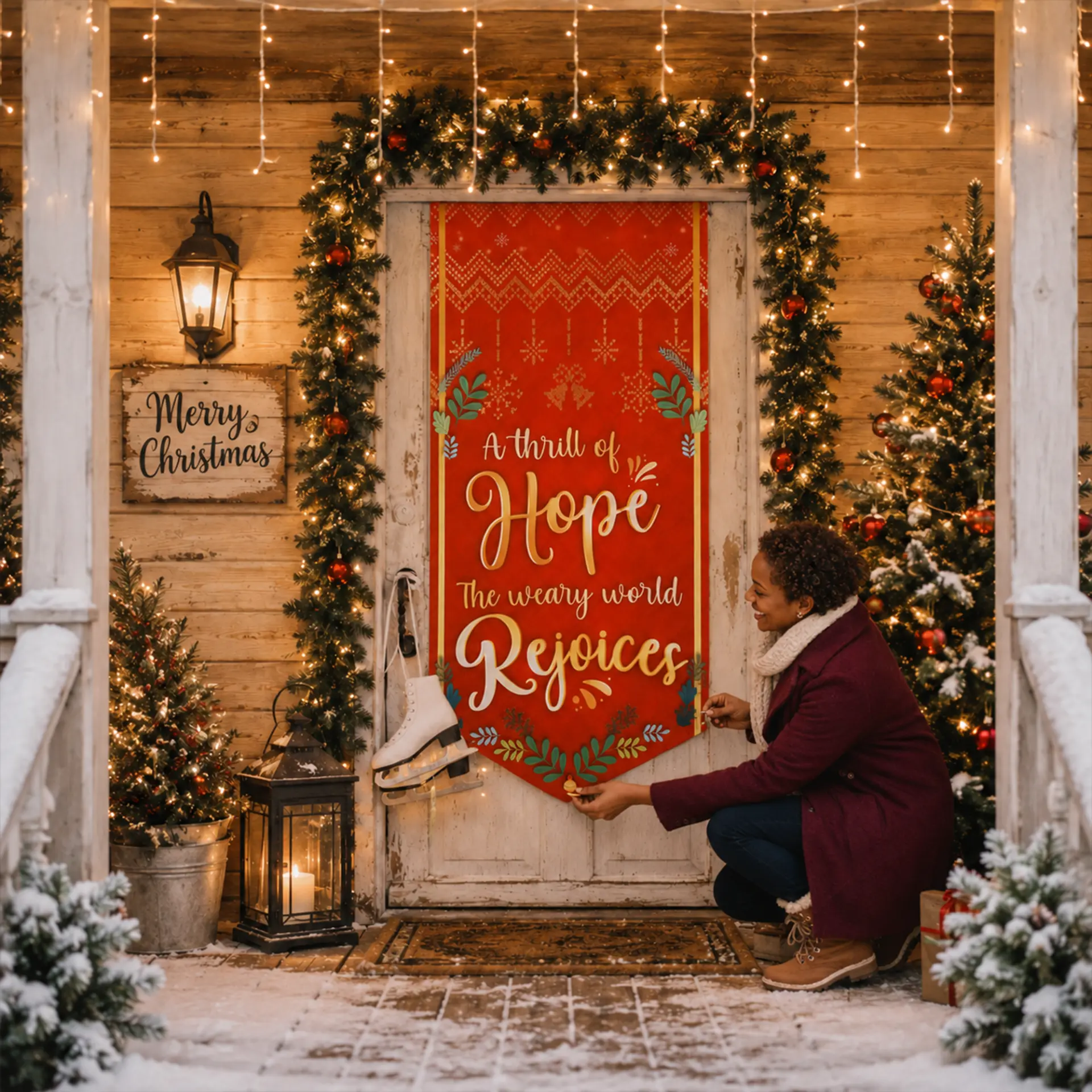 Festive holiday door backdrop with a red and gold banner on a decorated porch
