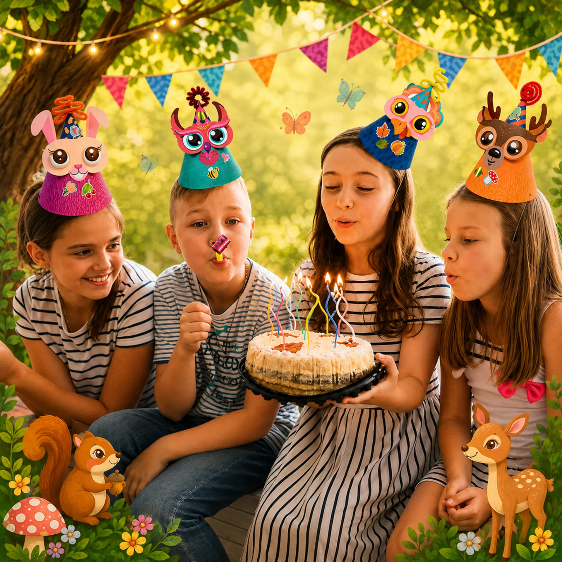 Kids wearing woodland animal party hats blowing out candles on a birthday cake