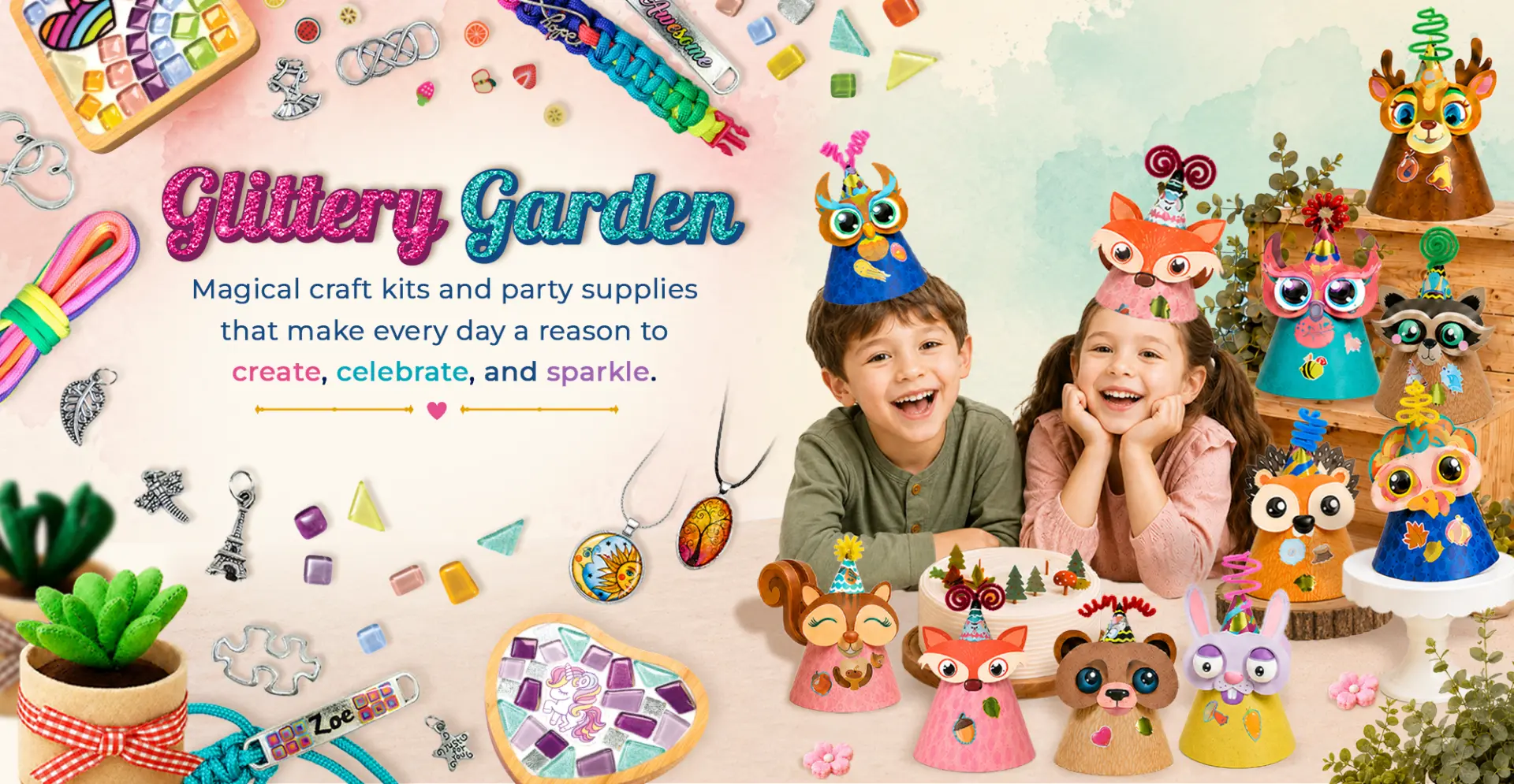 Glittery Garden — magical craft kits and party supplies with kids wearing handmade animal party hats, bracelets and mosaic crafts
