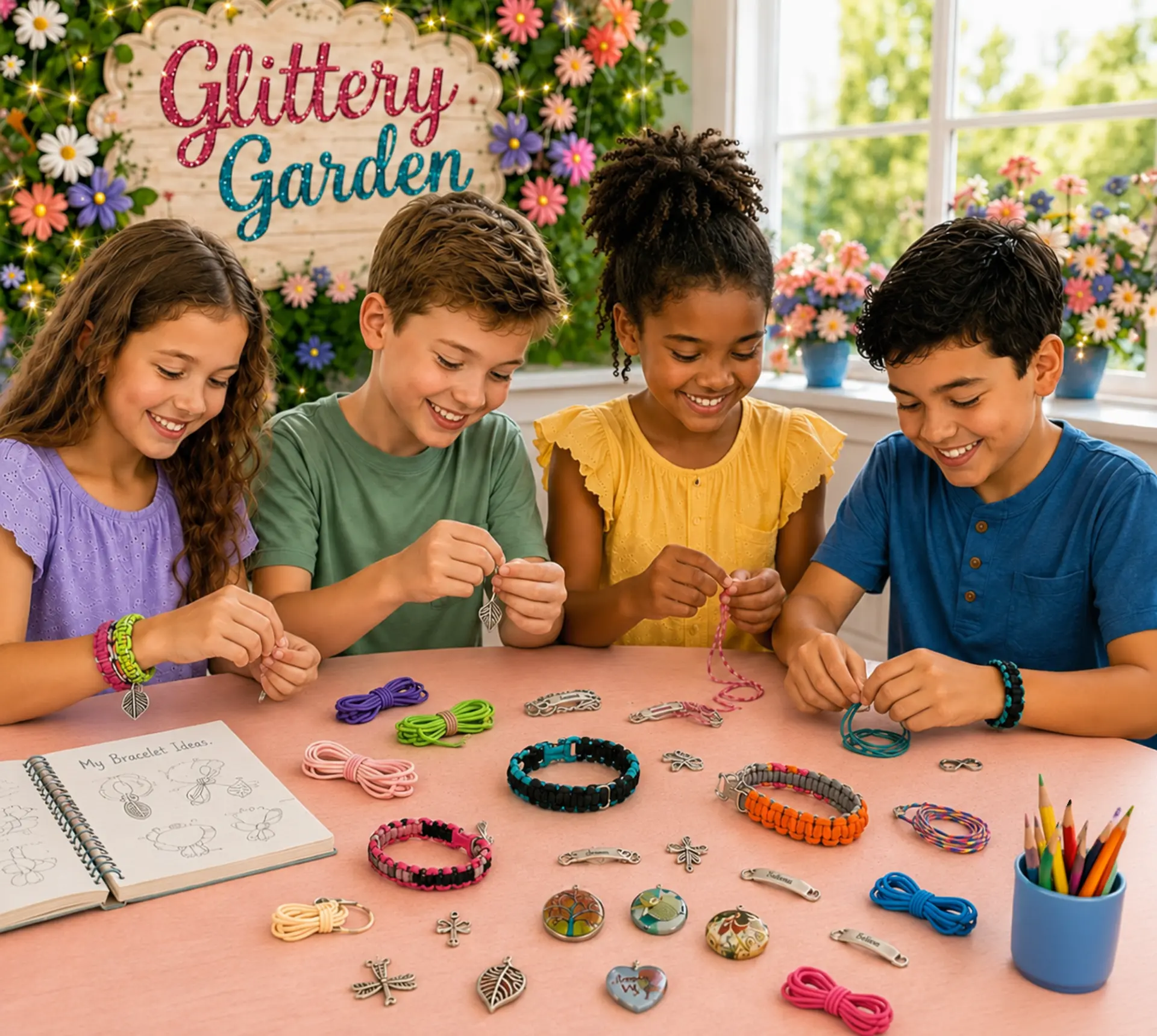 Four kids making paracord bracelets and charm pendants together at a Glittery Garden craft table