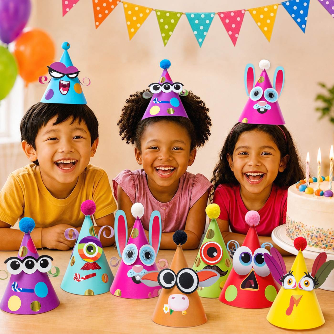 Kids wearing make-your-own monster and animal party hats at a birthday table