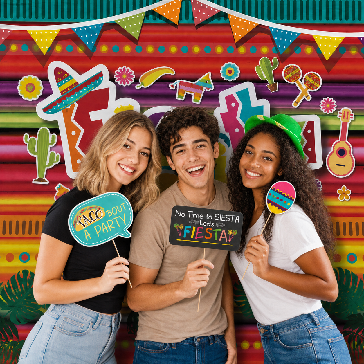 Friends holding fiesta photo props in front of a colorful serape party backdrop